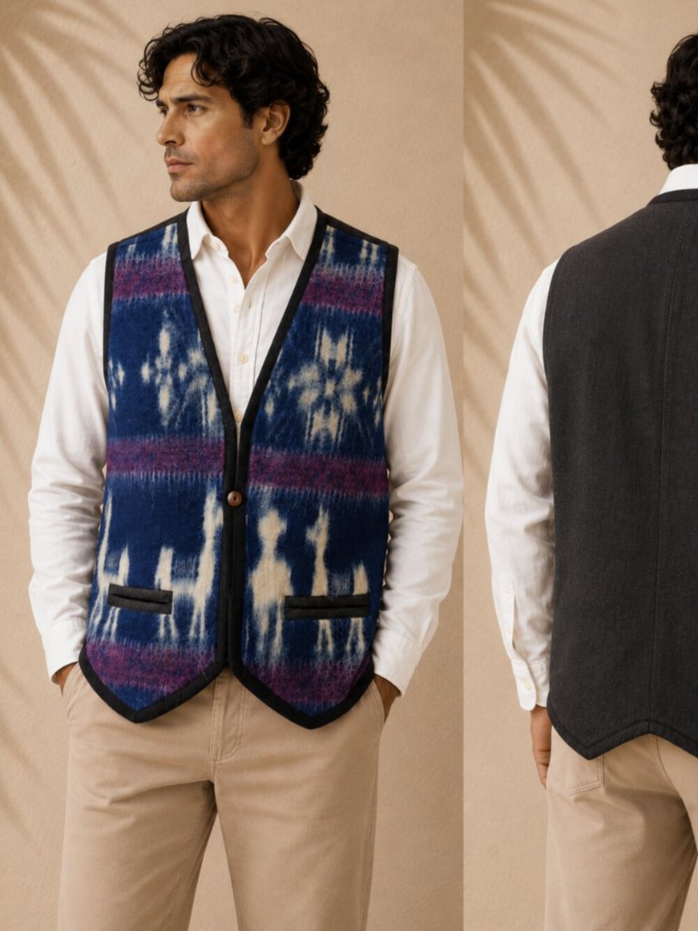 Boho Tribal Blanket Vest Ikat Pattern Blue Purple Wooden Button Vintage Vibe